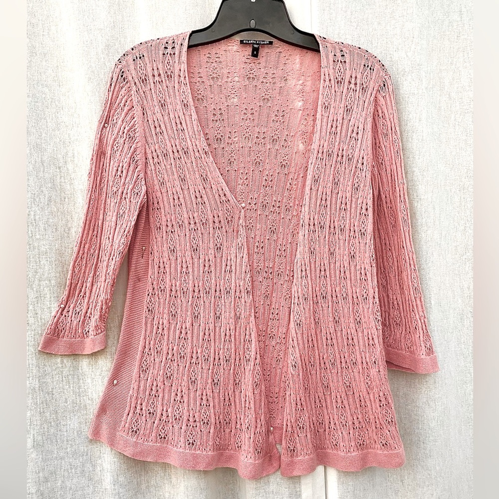 Eileen Fisher Crochet Light Organic Cotton Open Front Cardigan Size S